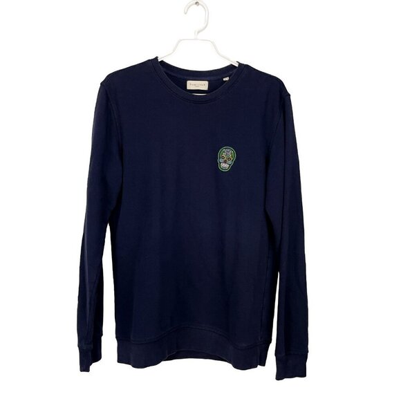 SUSPICIOUS ANTWERP Embroidered Skull Crew Neck Navy Blue Sweatshirt Size S - Picture 1 of 6